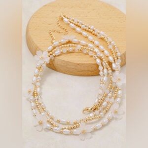 Delicate Gold & White Floral Pearl Necklace - Women Jewelry